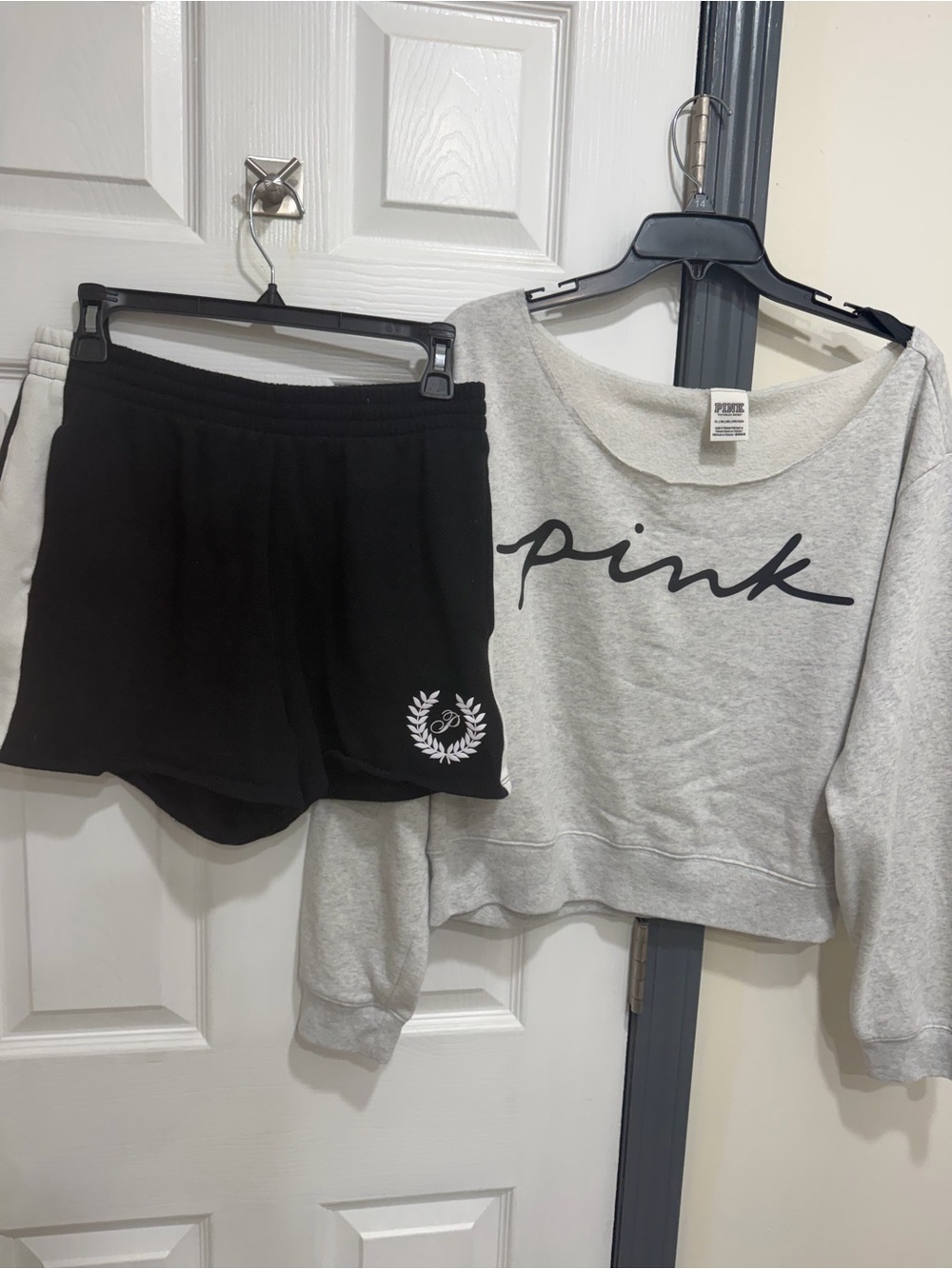 PINK Victoria's Secret Light Gray Cropped Sweatshirt & Black Lounge Shorts